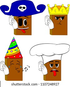 Books holds both hand at his ear, listening. Cartoon book collection with costume faces. Expressions vector set.