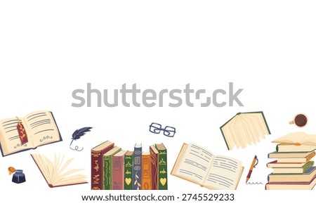 Books horizontal banner frame. Poet core. Poster for book fair with vintage books, ink, feather. Vector template with blank copy space for bookstore, bookshop, library, postcard, invitation, book club