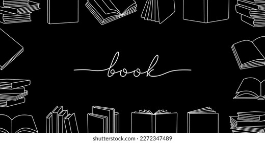 Books horizontal outline banner. Closed and open books line background. Bookstore, library, book shop illustration. Literature, dictionaries, planners