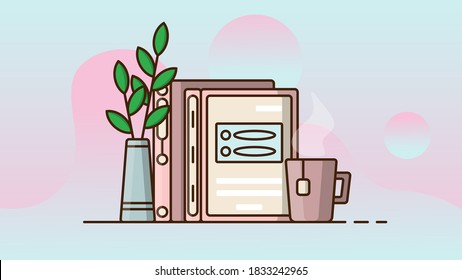 Books. Hot tea. Green flower. Atmosphere for reading. Vector graphics. Light background