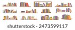 Books and houseplant on bookshelf. Vector isolated set of interior decoration. Library or bookstore with bestsellers and novels for bookworms and booklovers. Wall with stack of textbooks