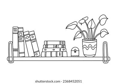 Libros y plantas domésticas en una estantería.  Esquema negro de la ilustración dibujada a mano del doodle del vector