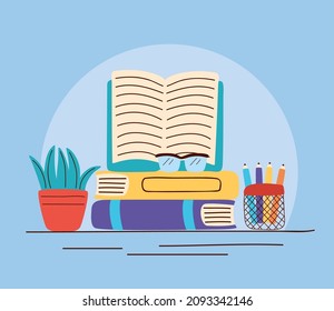 books and houseplant with pencils
