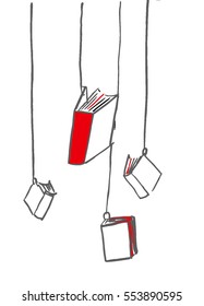 books hung on strings postcard, sketch doddle elements, the red cover of the book