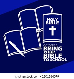 Books icon with a bible and a pen with bold text on dark blue background, Bring Your Bible To School Day on October 6