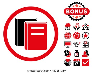 Books icon with bonus design elements. Vector illustration style is flat iconic bicolor symbols, intensive red and black colors, white background.