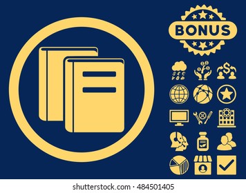 Books icon with bonus images. Vector illustration style is flat iconic symbols, yellow color, blue background.