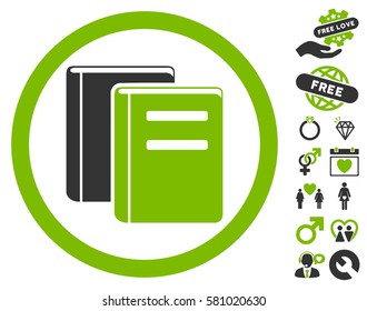 Books icon with bonus valentine pictograph collection. Vector illustration style is flat iconic eco green and gray symbols on white background.