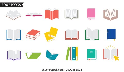 Books icon colorful clipart set. Textbook drawing icons clip art in open and closed pictogram school library elements multicolored collection vector illustration. 

