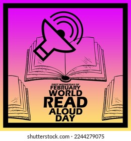 Books icon with a megaphone and bold text in a frame on a gradient background to commemorate World Read Aloud Day on First Wednesday of February 1