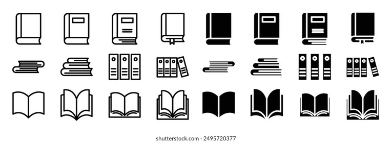 Books icon set. library textbook vector symbol. open and closed school study books icon. education magazine pictogram 