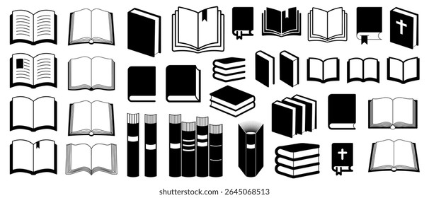 Books icon set. Silhouette and outline style black isolated