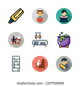 books icon set. vector set about studying, cauldron, bookshelf and student icons set.