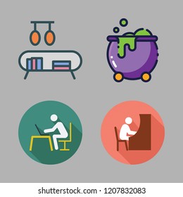 books icon set. vector set about cauldron, studying and bookshelf icons set.