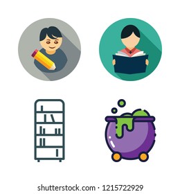 books icon set. vector set about bookshelf, cauldron and student icons set.