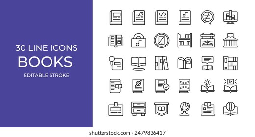 Conjunto de iconos de libros trazo de Ilustración vectorial editable. Biblioteca, ebook, álbum y más