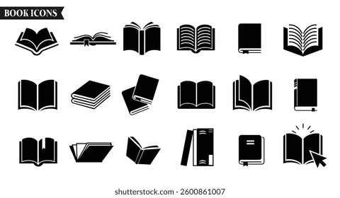 Books icon silhouette clipart set. School textbook drawing icons clip art library elements collection like dictionary, novel, literature and story read comprehension vector illustration. 
