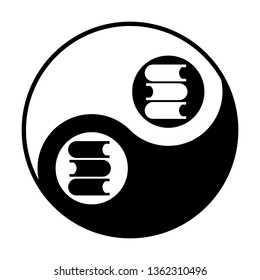 Books icon. Vector. Black and white icon inside circles of yin and yang symbol at white background.