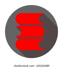 Books icon. Vector. Red icon with reddish shadow on dark gray circle at white background. Isolated.