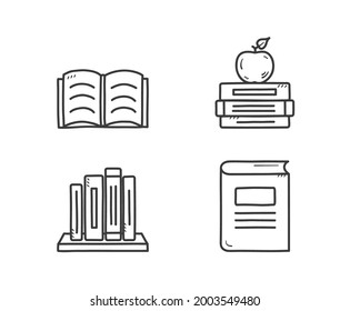 Books icons, hand drawn doodle style, open and closed books, vector eps10 illustration