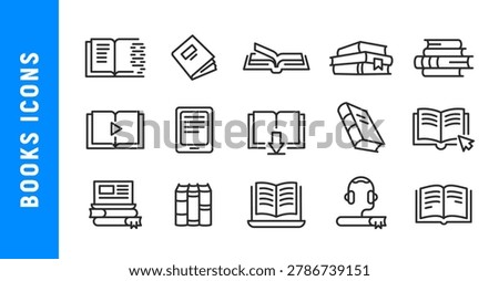 Books icons. Books icons set. Book, Library, Reading, Ebook, Audiobook icons isolated on white background for education, learning, app, and web design. Vector illustration