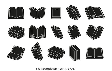 Conjunto de ícones de livros, livros isolados monocromáticos. Publicação aberta e fechada vetorial e enciclopédias. Estudar e processo de educação. Volume com receitas para cozinhar ou diário, diário pessoal