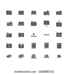 Books icons set. linear style symbols collection, outline signs pack. vector graphics. Set includes icons as open book page with bookmark, textbook, notebook, library, bookshelf, bookstore