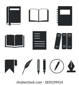 Books icons set. Notebooks, bookmark, diary, documents. Writing and reading black glyph vector design elements pack