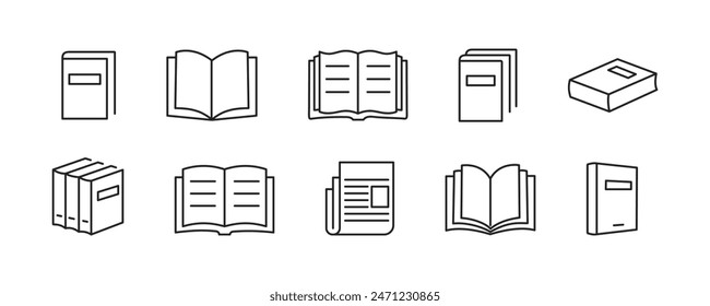 Conjunto de iconos de libros. Libro abierto y cerrado. Icono de periódico. Vector.