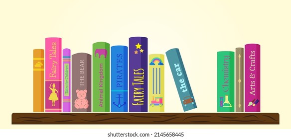 Books Illustration Design For Children. Kids Bookshelf Or Bookcase With Book Literature Banner Background