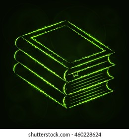 Books Illustration Icon, Lime Color Lights Silhouette on Dark Background. Glowing Lines and Points