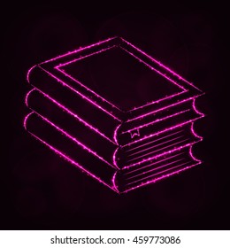 Books Illustration Icon, Pink Color Lights Silhouette on Dark Background. Glowing Lines and Points