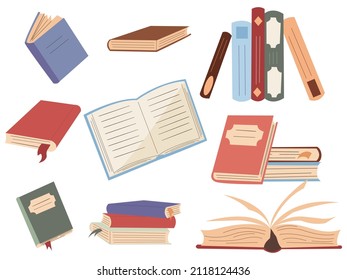 Books illustration, books lying in various positions, standing on shelves, educational literature