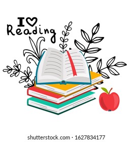 Books illustration. Reading concept with books and apple. I love reading in flat style. Open book, stack of textbooks with floral elements. Vector illustration.  