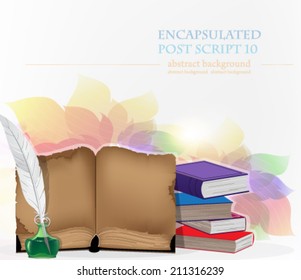  Books, ink and white feather on abstract floral background