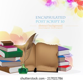 Books, ink and white feather on abstract floral background