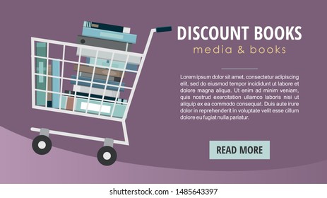 Books inside shopping cart. Discount books web banner. Vector Illustration