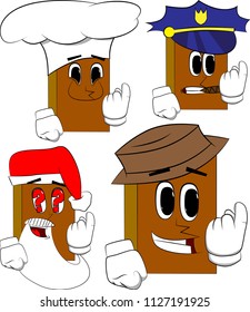 Books inviting to come there. Cartoon book collection with costume faces. Expressions vector set.