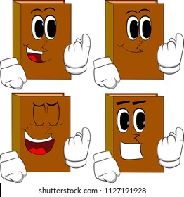 Books inviting to come there. Cartoon book collection with happy faces. Expressions vector set.