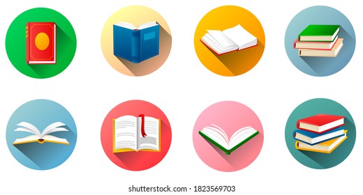 Libros aislados de etiquetas redondas. Conjunto de libros aislados sobre fondo blanco. Abrir, cerrar y apilar libros. Juego de iconos de libro, diseño plano educativo en un marco redondo. Ilustración del vector