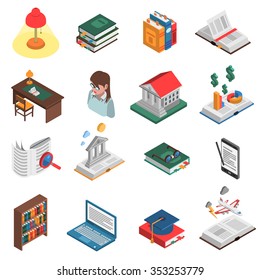 Books isometric icons set with library and bookshelf symbols isolated vector illustration 