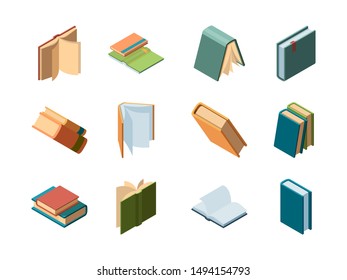 Books isometric. Library symbols school items opened and closed diary magazines and books vector collection