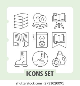 Livros, diário, inicialização simples ícones conjunto com conhecimento, cérebro, estudo, itens de aprendizagem em estilo de esboço para aplicativos e impressão em fundo branco. Conjunto de nove ícones de linha fina