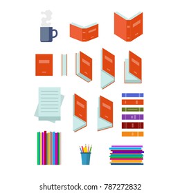 Books and journals icons set. Opened and closed, various positions. Vector cartoon flat style illustration isolated on white.