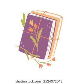 Books or journals tied by thread and decorated with flowers. Vector isolated romantic composition, bookstore parcel or gift. Textbooks with bouquet of blooming flora or herbarium adornment