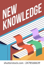 Books for knowledge and education, poster design. Studying, reading card. Library, learning grammar with textbooks, encyclopedias with bookmarks, vertical background, flyer. Flat vector illustration