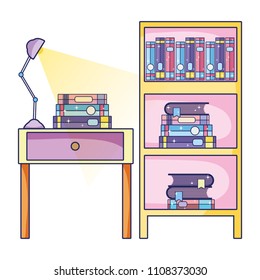 books and lamp on the table with bookcase