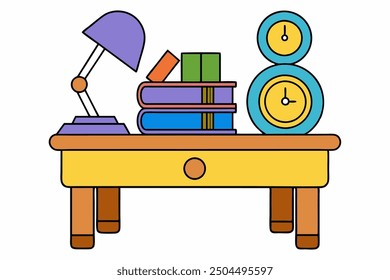 A books and lamp table vector art in white art background illustration.