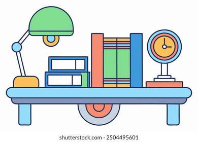 Un Arte vectorial de mesa de libros y lámpara en ilustración de fondo de arte blanco.