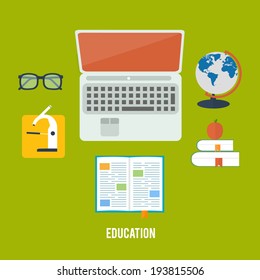 Books and laptop in flat design. Education concept